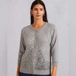 Eileen Fisher | Cotton Cashmere Gray Sequined Cardigan Sweater 3/4 Sleeve
